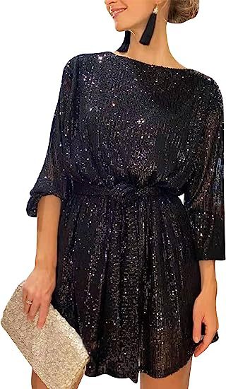Summer Sequined Round Neck Long Sleeve Casual Loose Beaded Dress