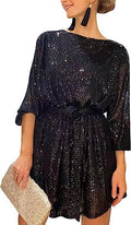 Summer Sequined Round Neck Long Sleeve Casual Loose Beaded Dress