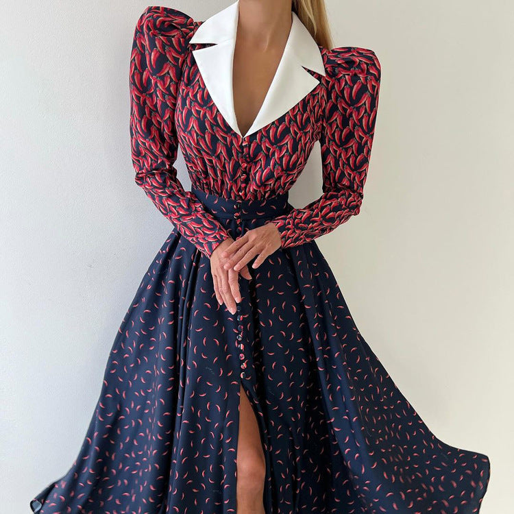 Contrast Color Design Collared Long Sleeve A line Women Waist Controlled Printed Large Swing Dress