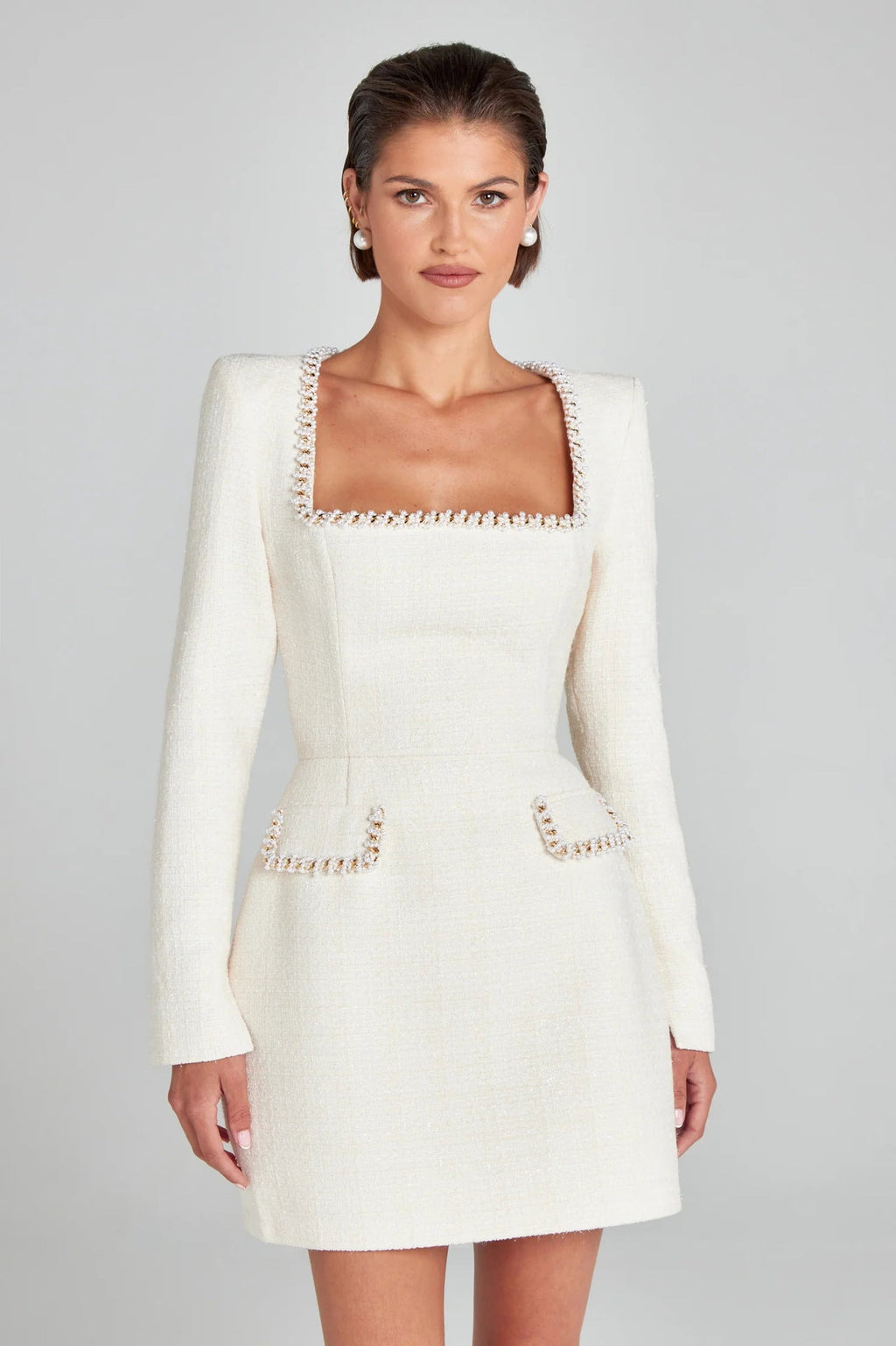 Elegant Slim Fit Slimming U Neck Long Sleeved Beaded Classic Dress Women