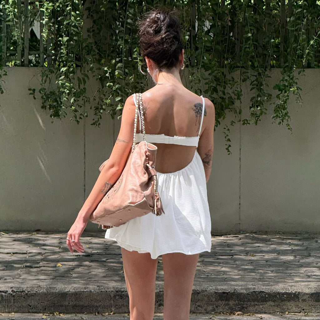 French Lazy Pure Age Reducing Lace Chest Shaped Backless Sling Summer Solid Color Vacation A Swing Dress