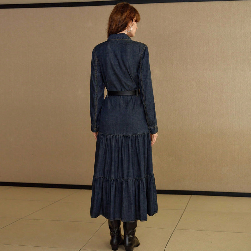 Women Clothing Denim Long Sleeve Breasted Waist Dress（Without Belt）