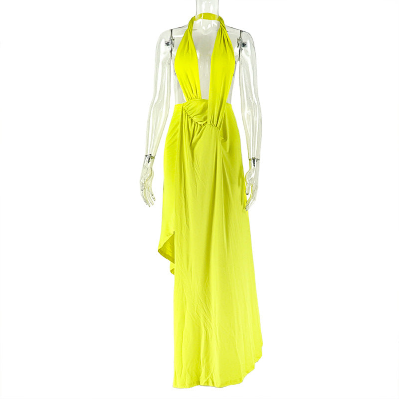 Women Clothing Slim Fit Solid Color Lace up Hip Dress Sexy Halter V neck Chest Wrapped Dress