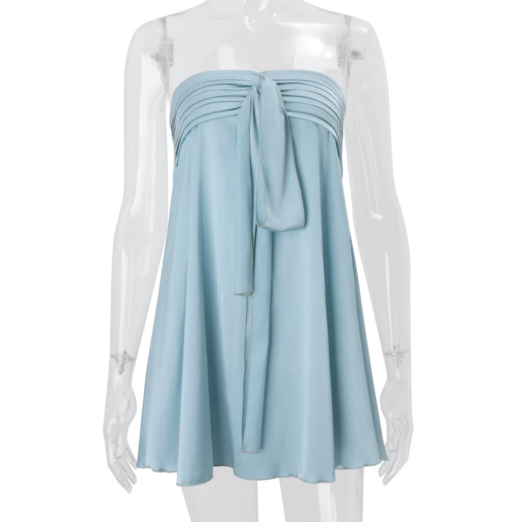 Women Clothing Spring Sexy Street Satin Tube Top Strap Solid Color Sleeveless Dress