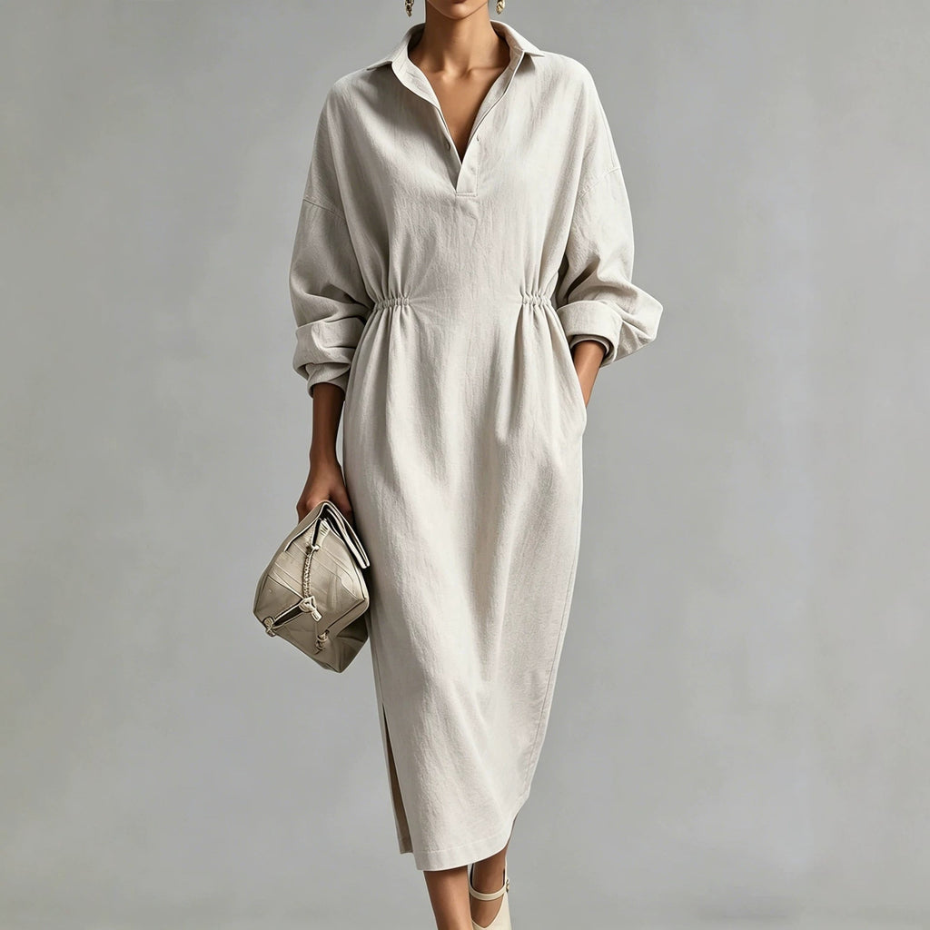 Women Clothing French Linen V neck Shirt Dress Drawstring Waist Trimming Loose Long Slit Dress