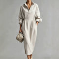 Women Clothing French Linen V neck Shirt Dress Drawstring Waist Trimming Loose Long Slit Dress