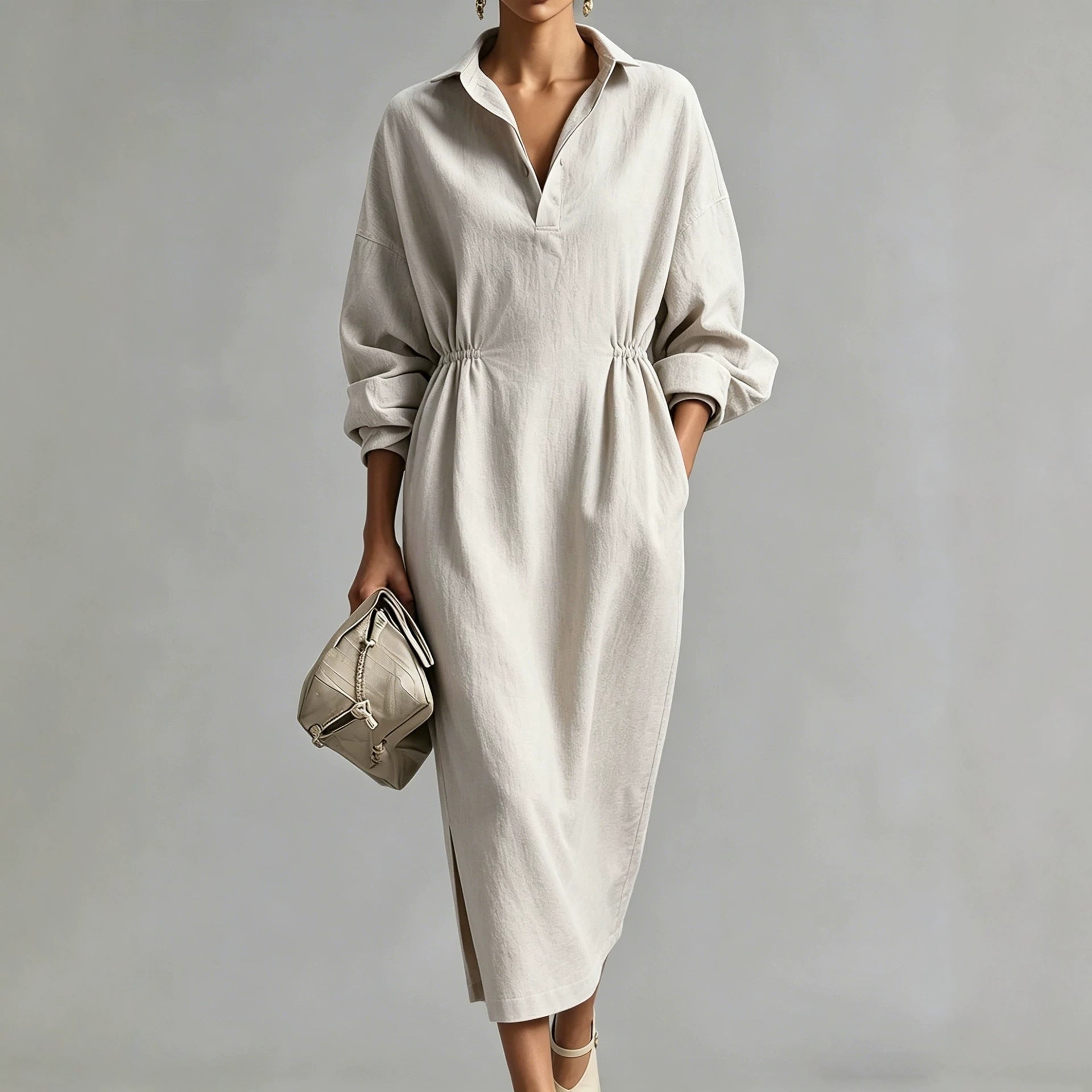 Women Clothing French Linen V neck Shirt Dress Drawstring Waist Trimming Loose Long Slit Dress