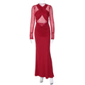 Women Clothing Winter Long Sleeve Solid Color Sexy Mesh Hollow Out Cutout Pleated Slim Dress