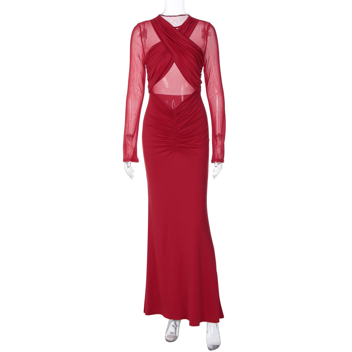 Women Clothing Winter Long Sleeve Solid Color Sexy Mesh Hollow Out Cutout Pleated Slim Dress