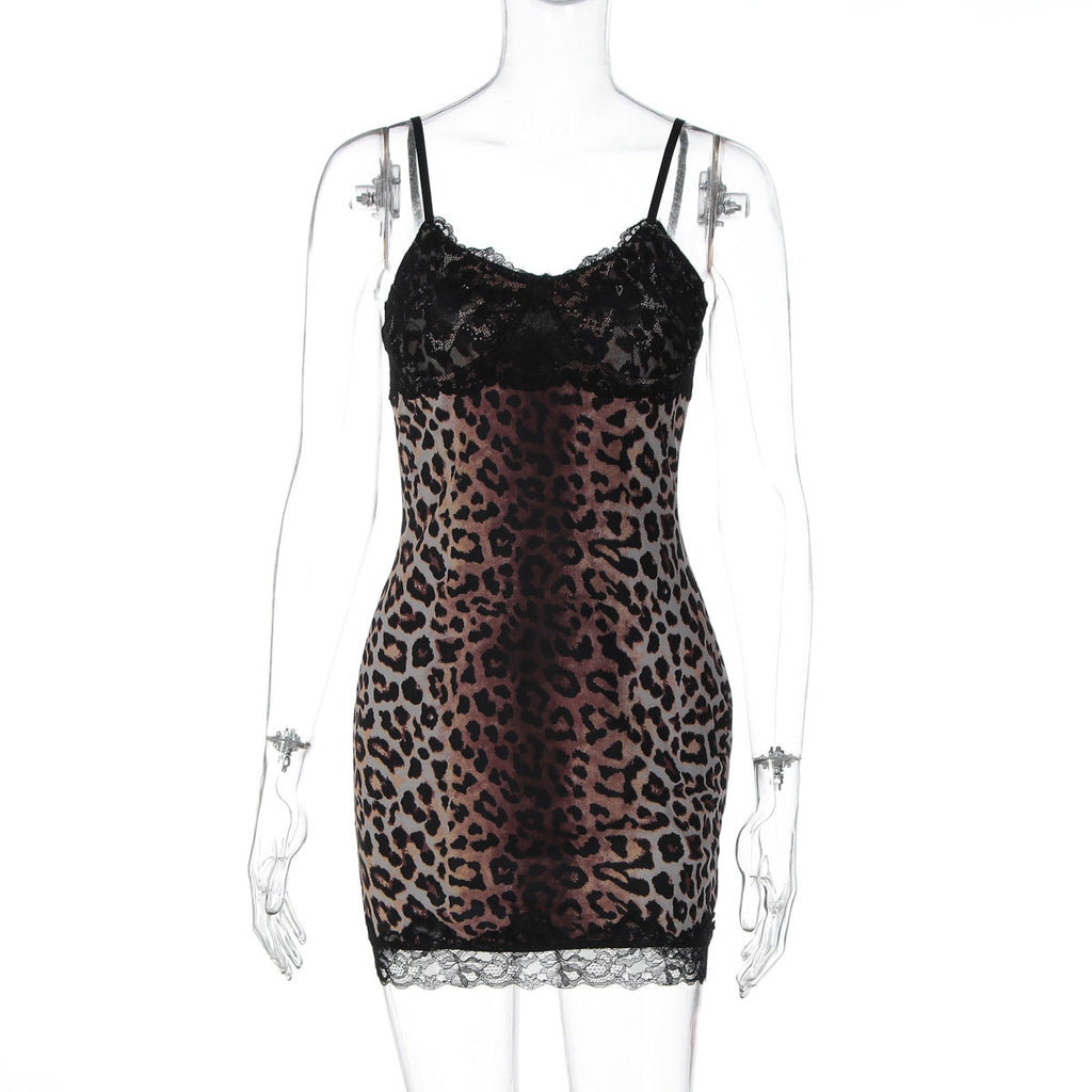 Women Clothing Fall Sexy Sexy Lace Edge Leopard Print Sling Sheath Dress