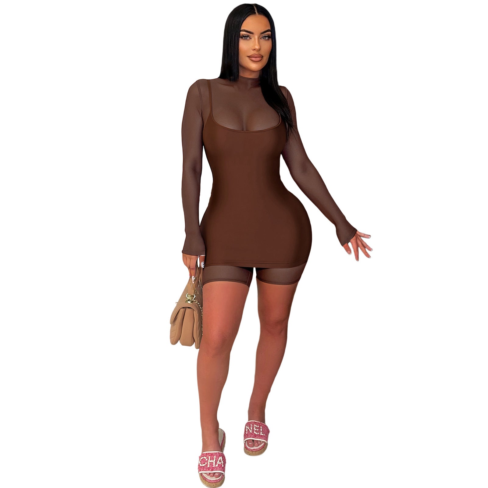 Women Clothing Sexy Zipper Mesh Jumpsuit Strap Reflective Dress Two Piece Set