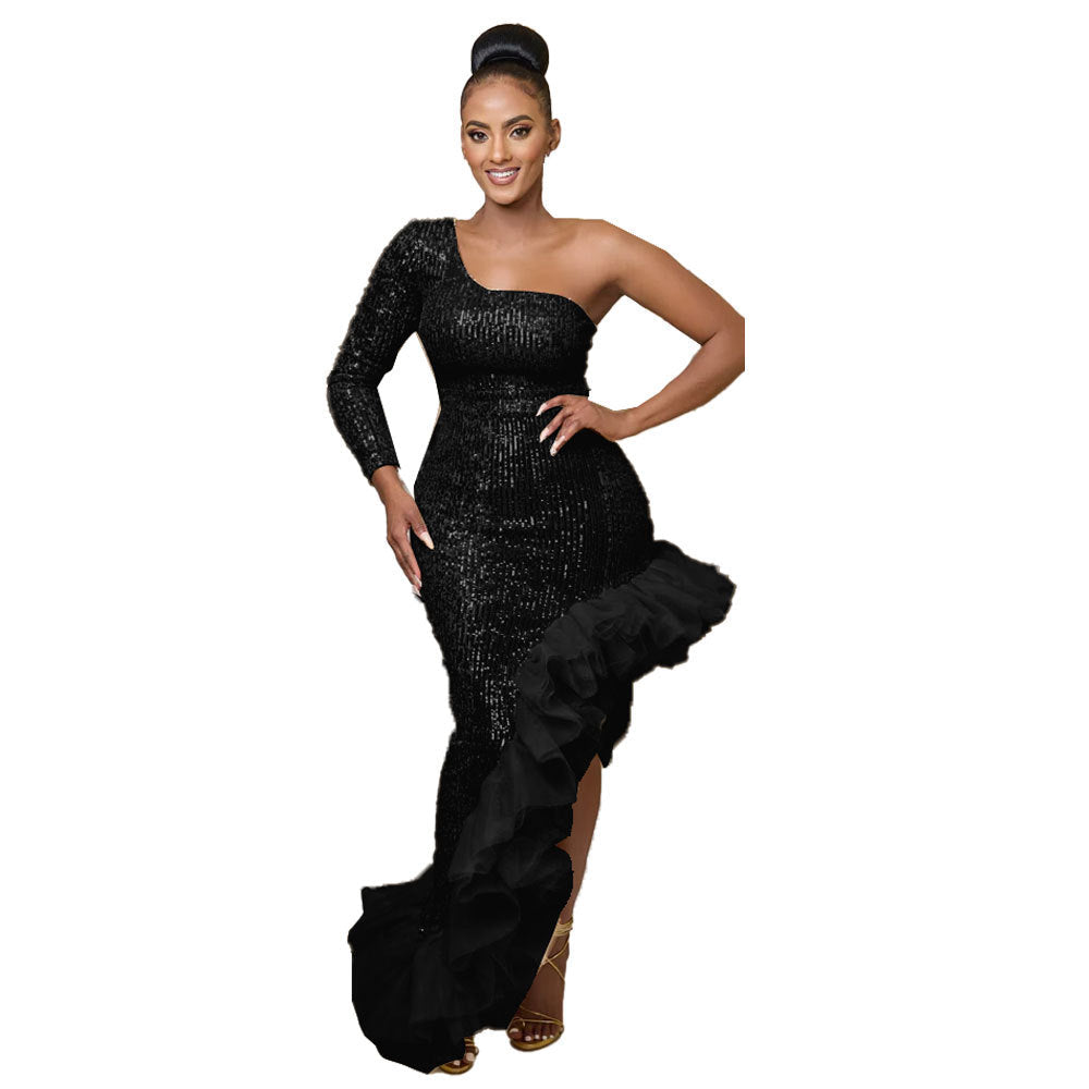 Sexy Sequin Single Shoulder Mesh Stitching Irregular Asymmetric Dress