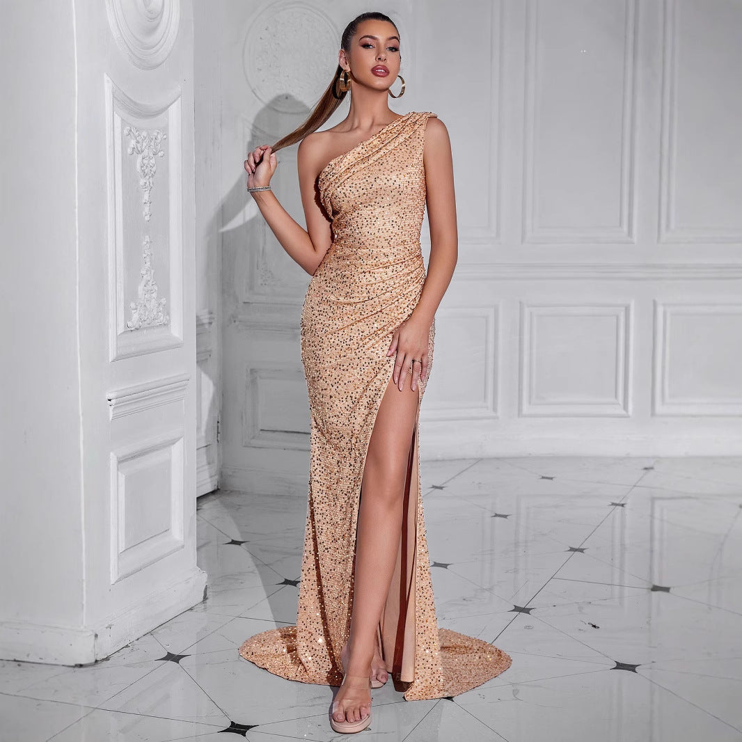 Women Sexy High Split Dress Oblique Shoulder Gorgeous Party Dinner Dress