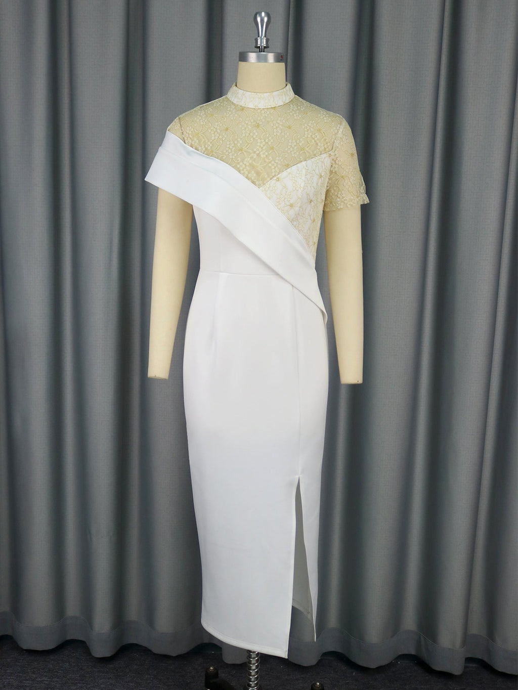 Round Neck See through Lace Short Sleeve Dress Party Wedding Bridesmaid Split Dress