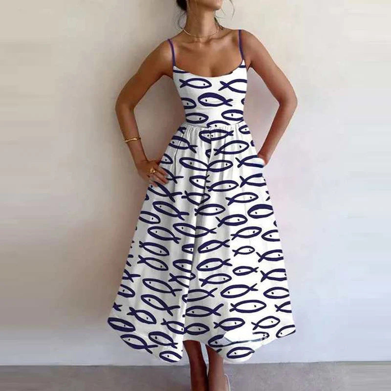 Spring Women Clothing Printing Pleated Waist Tight Large Swing Sling Dress