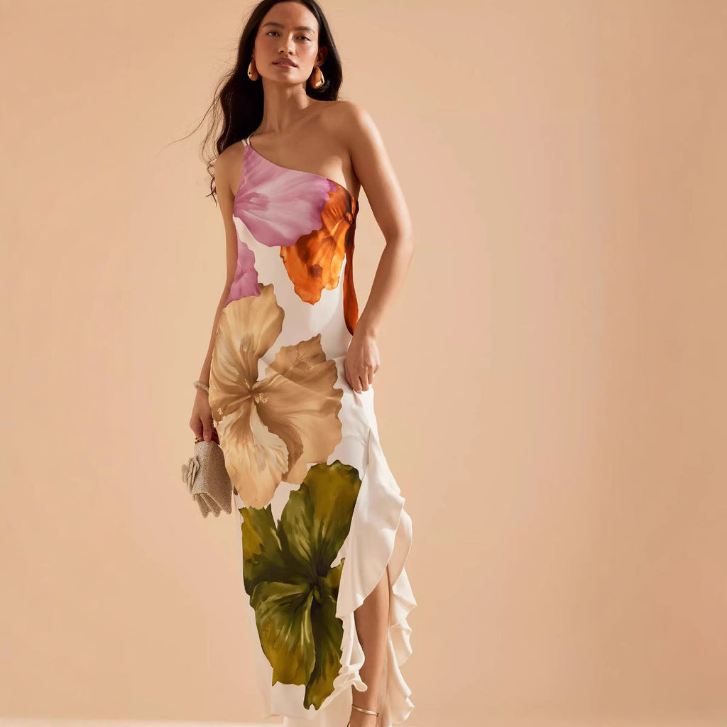 Spring Summer Oblique Shoulder Positioning Printing Dress Casual Vacation Loose Dress