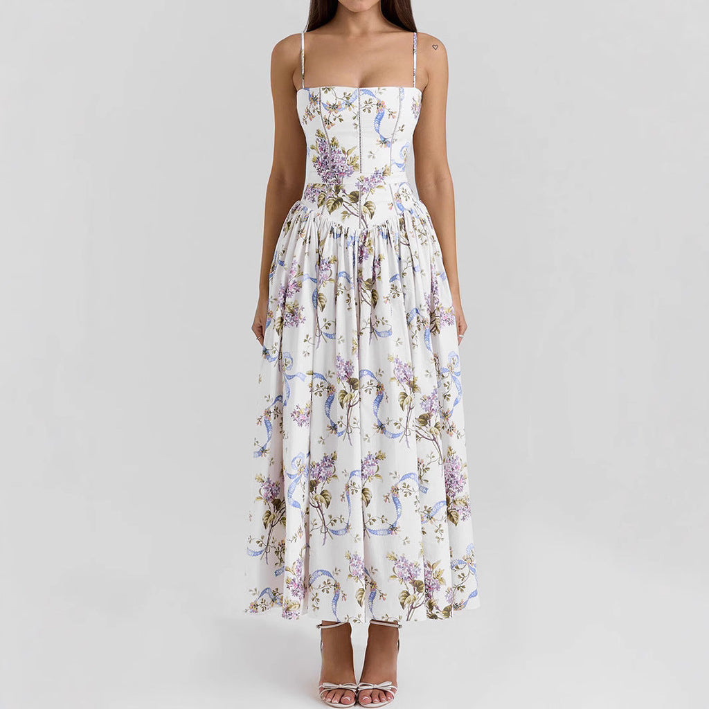 Sexy Printing Slip Dress Summer Slim Fit Backless Maxi Dress Elegant High Sense Summer Beautiful Dress