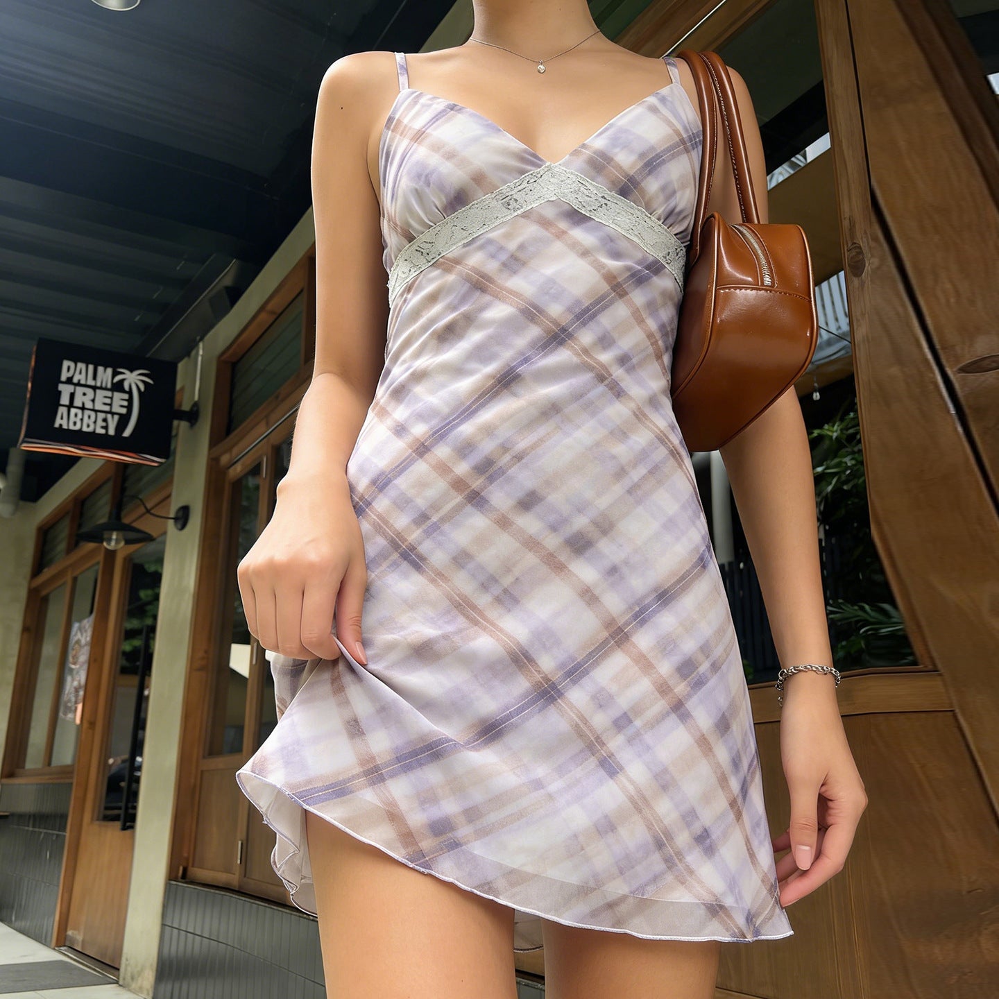 Plaid Lace Bow V neck Adjustable Strap Dress High Waist A line Summer