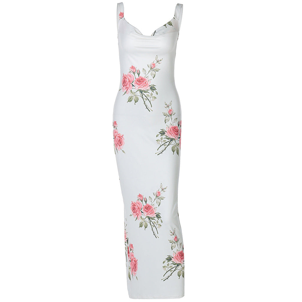 Summer Women Clothes Vacation Printed Maxi Dress Sexy Backless Slim Fit Dress