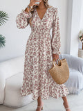 Autumn Winter Elegant Floral Cross V neck Waist Trimming Ruffles Maxi Dress Women Clothing