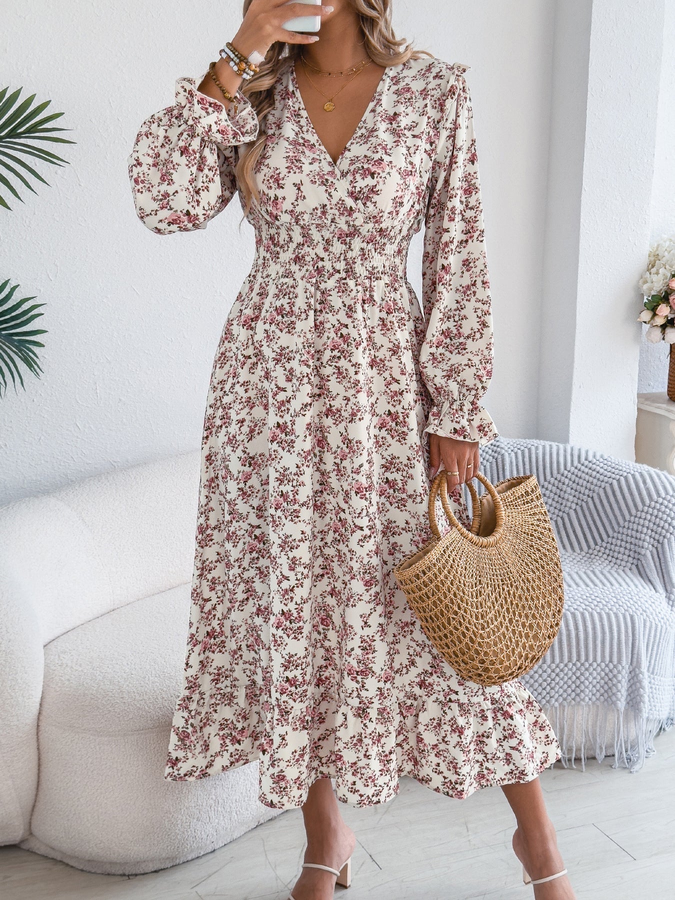 Autumn Winter Elegant Floral Cross V neck Waist Trimming Ruffles Maxi Dress Women Clothing