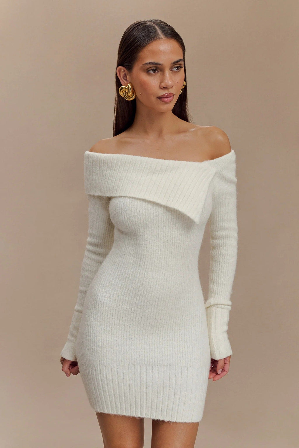 Autumn Winter Sweater Dress Women Long Sleeved off Neck Knitted Tight Graceful Short Dress