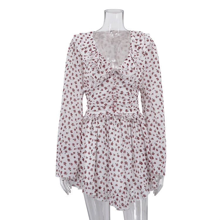 Women Digital Printing Elegant Dress V neck Long Sleeve Ruffled High Waist Lace up A line Dress