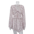 Women Digital Printing Elegant Dress V neck Long Sleeve Ruffled High Waist Lace up A line Dress