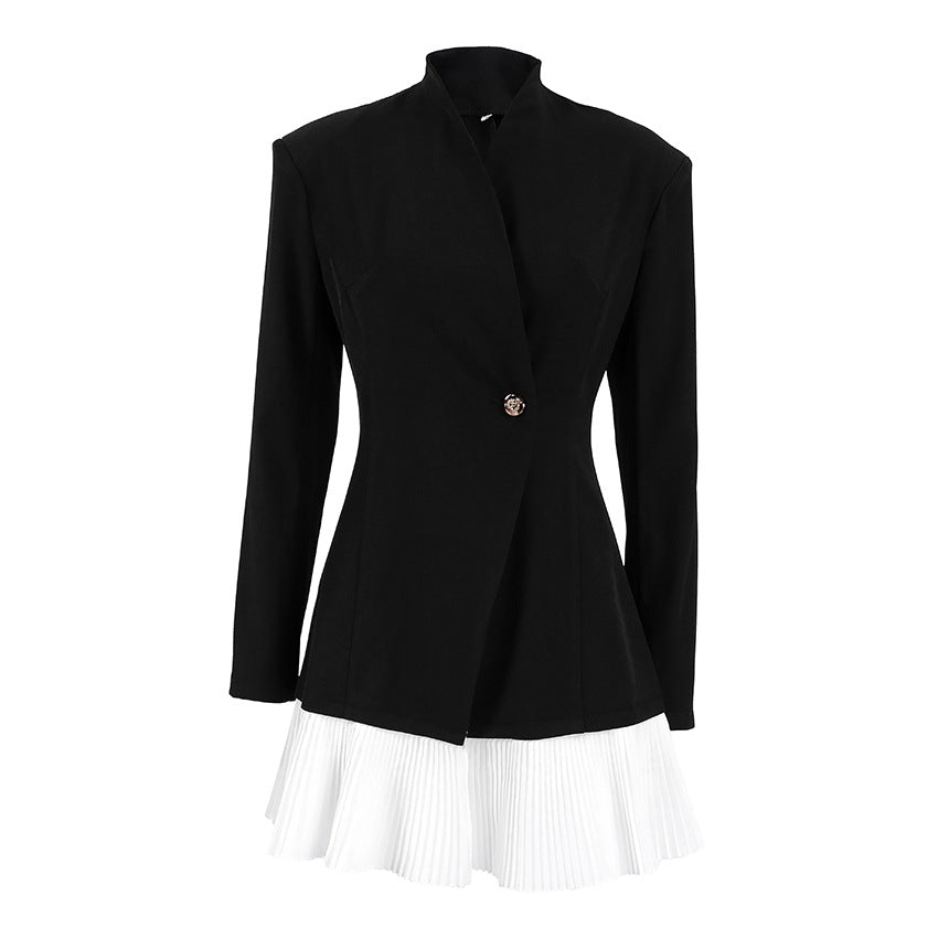 Women Retro Gentle Autumn Winter Design Color Contrast Patchwork Black Waist Controlled Long Sleeves