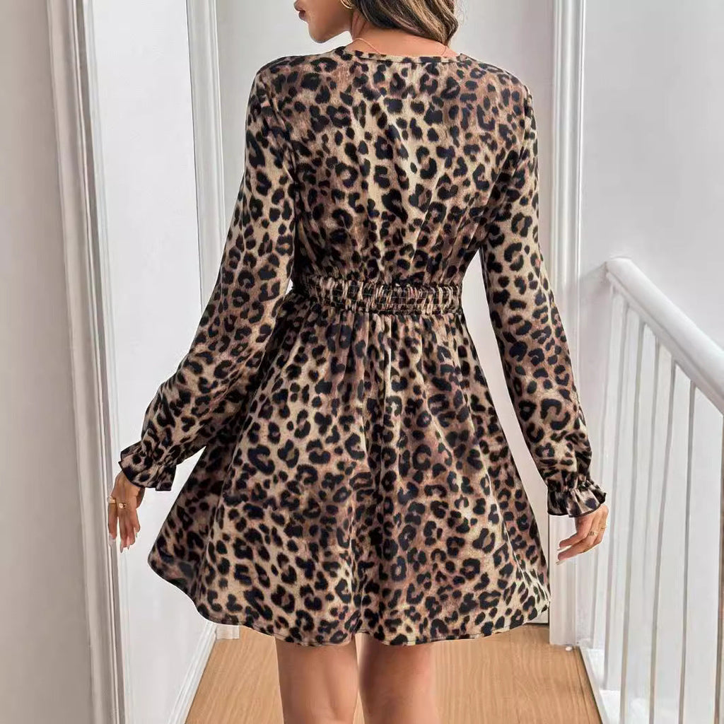 French Lady Vintage V neck Leopard Print Long Sleeve Lace Patchwork Long Sleeve Dress