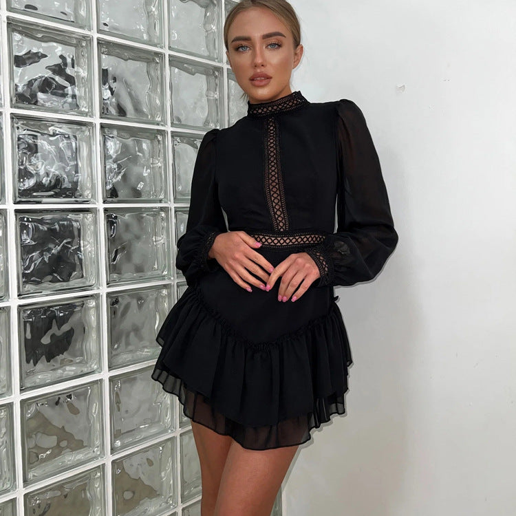 Hollowed out Design Chiffon Dress for Women Stand Collar Long Sleeve High Waist A line Dress