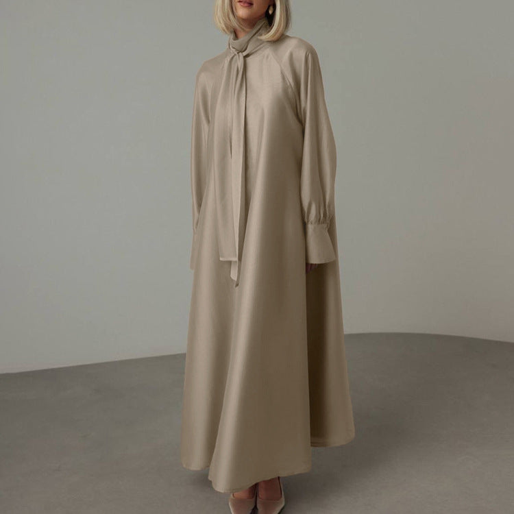 Women Clothing Stand up Collar Tie Dress Long Sleeve Side Slit Loose Casual Dress