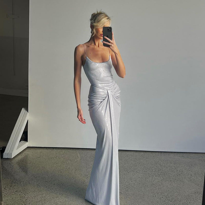 Sexy Adult Lady like Woman Women Clothing Crumpled Twisted Tight Waist Tall Slim Long Sling Dress