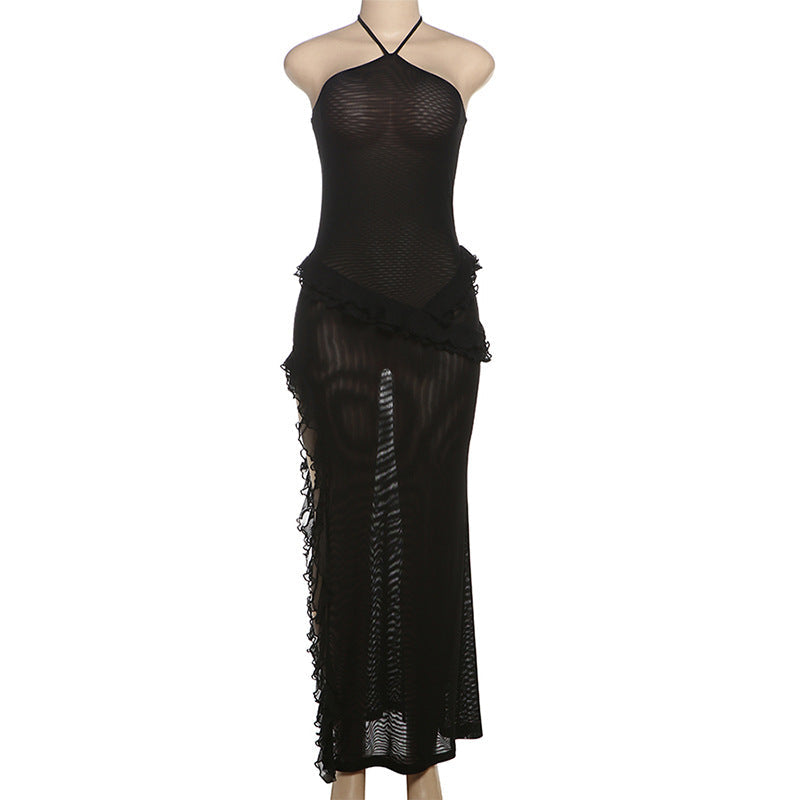 Summer Women Sexy Halter Strap Side Slit Stringy Selvedge Dress