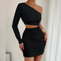 Women Clothing Autumn Sexy Shoulder Hollow Out Cutout Slim Sheath Sexy Dress