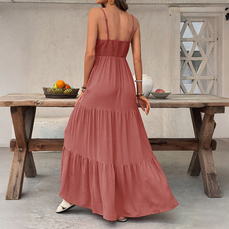Sexy Vacation Solid Color Deep V Plunge neck Strap Tiered Dress