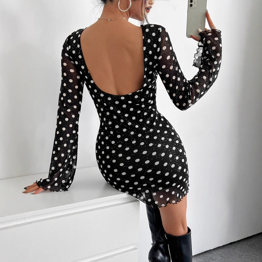 Elegant Mesh Polka Dot Printed round Neck Backless Long Sleeves Dress