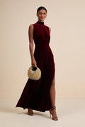Graceful round Stand Collar Sleeveless Waist Slit Party Dinner Dress Solid Color Women Dress