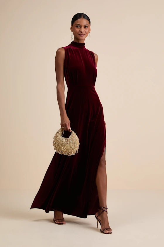 Graceful round Stand Collar Sleeveless Waist Slit Party Dinner Dress Solid Color Women Dress