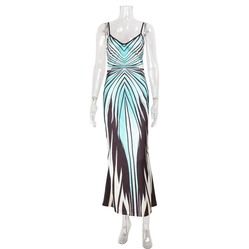 Women Striped Printed V neck Strap Slim Fit Dress