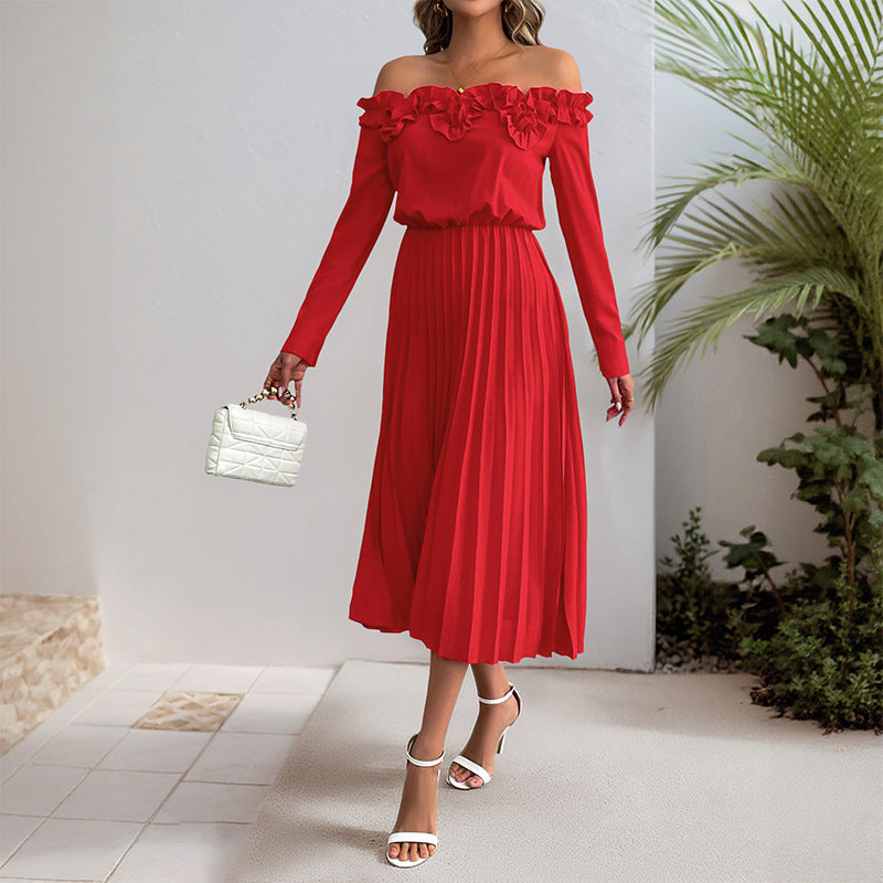 Dating Party Elegant Sweet off Shoulder Long Sleeve Solid Color Women Dress