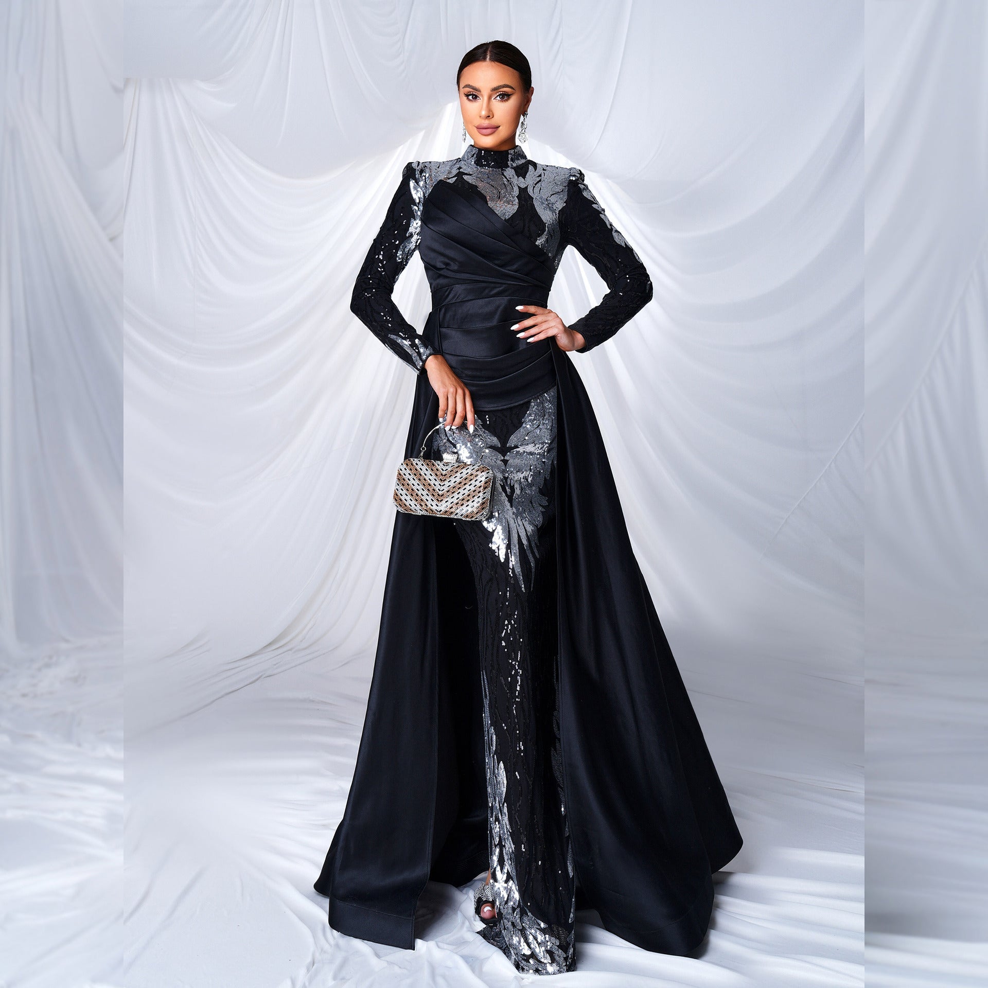 High End Long Sleeve Crew Neck Long Sequined Cocktail Fishtail Evening Dress Bridesmaid Dress Women