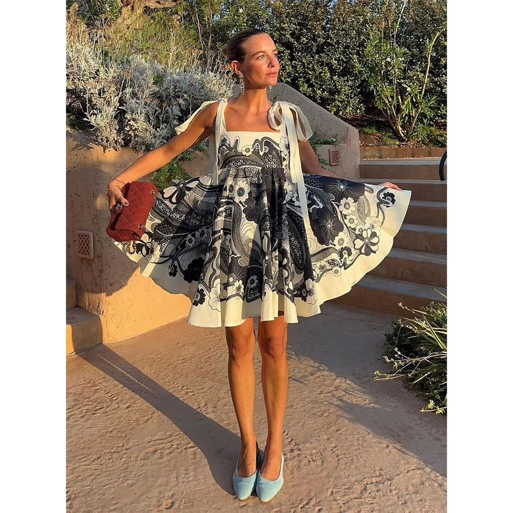Spring Summer Holiday Positioning Printing Lace up Short Dress