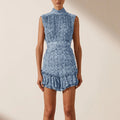 Summer Printed Turtleneck Mini Sleeveless Short Ruffled Dress Women Clothing