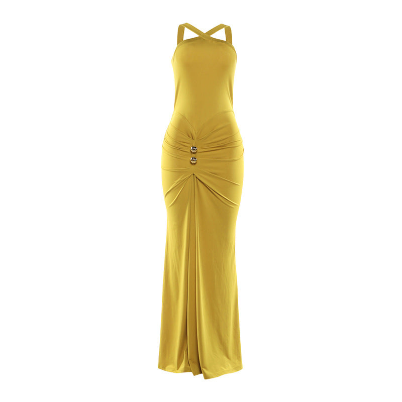 Autumn Winter Women Clothing Cross Halter Solid Color Pleated Waist Tight Slimming Fishtail Dress