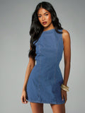 Women Denim Dress Back Lace up Simple Women Denim Dress Mesh