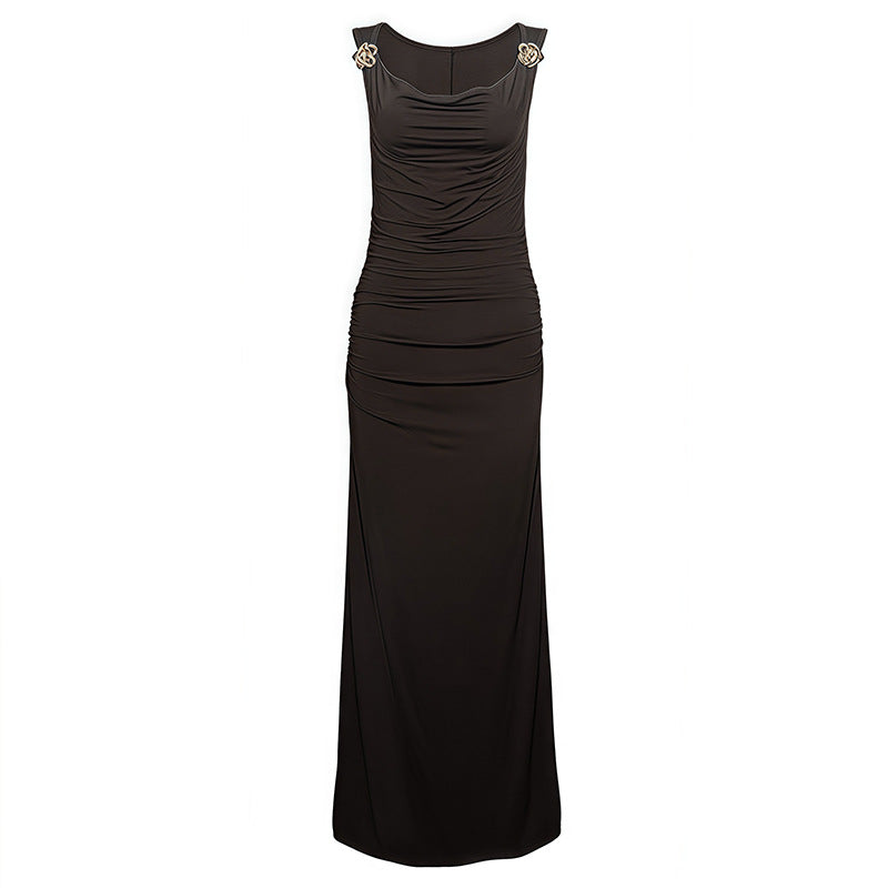 Fashionable All Match Sling Swing Collar Pleating Sheath High Waist Slit Sleeveless Maxi Dress