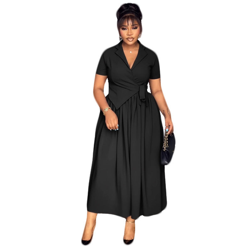 Elegant Office Collared Waist Tight Lace up Loose Dress