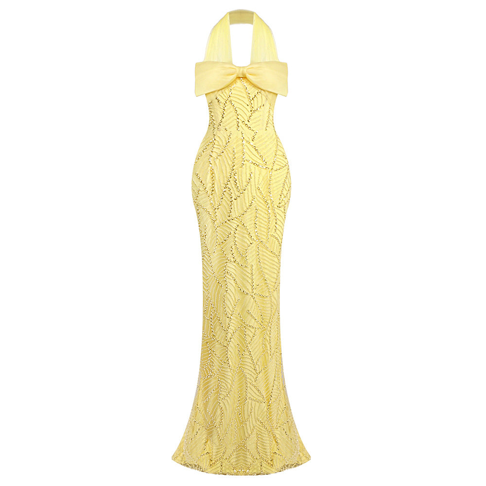 Yellow Heavy Industry Tube Bead Bow Halter Formal Dress Vision Dress Elegant