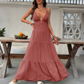 Sexy Vacation Solid Color Deep V Plunge neck Strap Tiered Dress